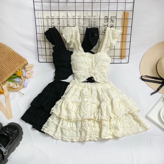 Iasia-Set Sleeveless Square Neck Plain Frill Ruffle Button Top Elastic Waist Mini A-Line Skirt