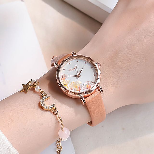 Momento - Set: Ginkgo Leaf Faux Leather Strap Watch +  display picture 1