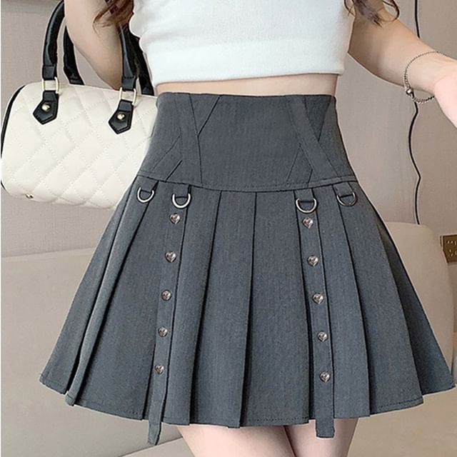 Woohan-High Waist Plain Mini A-Line Pleated Skirt