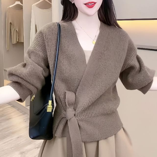 Beaustreet-V-Neck Ribbed Tie Front Wrap Cardigan