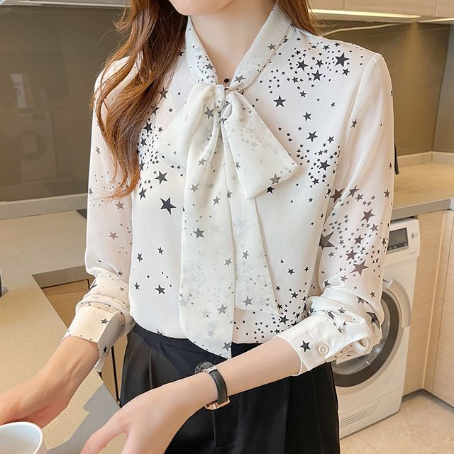 Sancus - Long-Sleeve Ribbon Neckline Star Print Chiffon