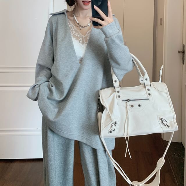 Beem-V-Neck Collared Plain Pullover Drawstring Waist Wide Leg Sweatpants