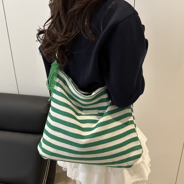 Indenis-Striped Canvas Crossbody Tote Bag