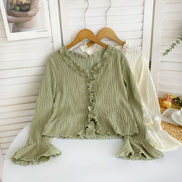 Iasia-Flared-Cuff V-Neck Plain Ruffled Blouse