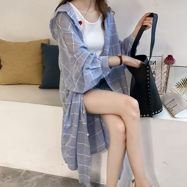 Happo-Plaid Hooded Button-Up Long Light Jacket