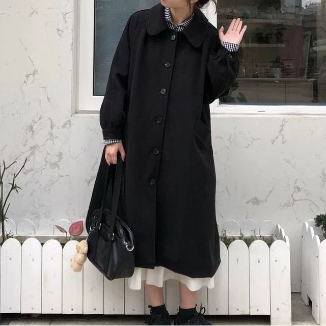 Yako-Balloon Sleeve Collared Plain Raglan Midi Button Coat