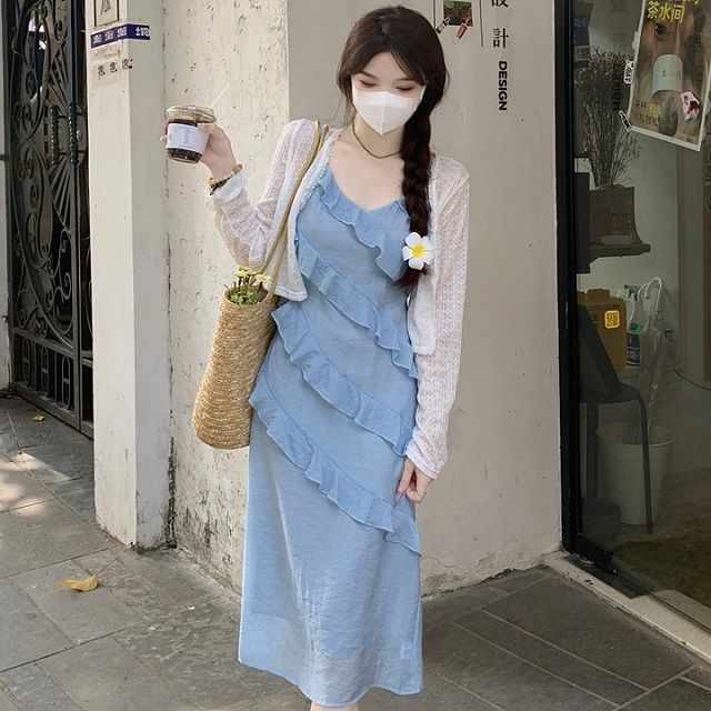 Spaghetti Strap Plain Ruffle Trim Midi A-Line Dress / Crop Cardigan