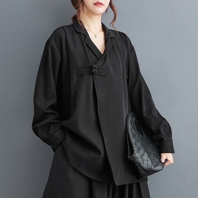 Lewwe-Lapel Collar Plain Frog Button Jacket
