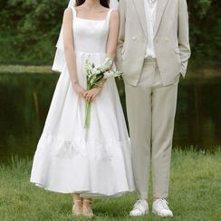 Long-Sleeve Off-Shoulder Plain Lace Panel A-Line Wedding Gown