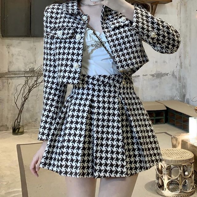 Manicotto Houndstooth Button-Up Crop Jacket High Waist Mini A