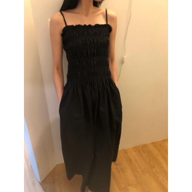 Seoulchic - Spaghetti Strap Plain Ruched Ruffle Trim Maxi Dress | YesStyle