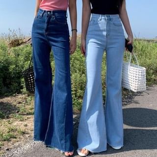 Jesong-High Waist Frayed Washed Flared Jeans