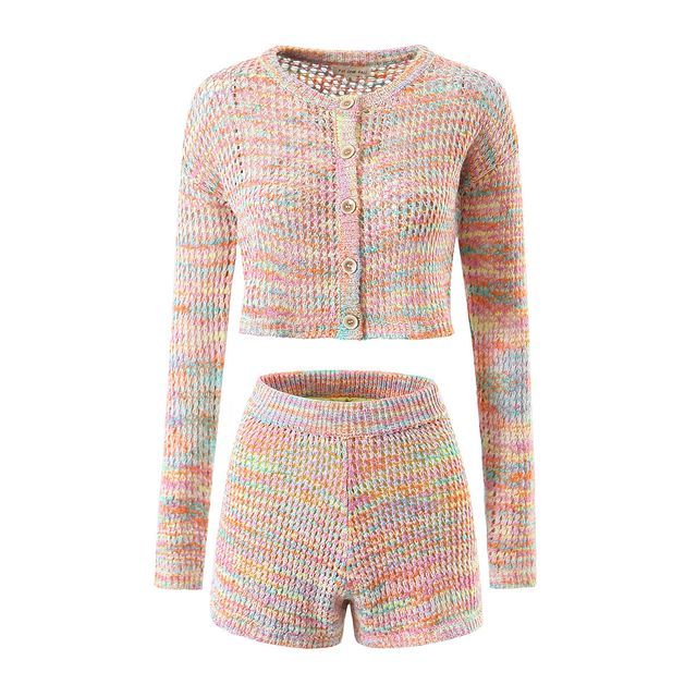 Susaine-Set Long-Sleeve Crew Neck Melange Crochet Cardigan Shorts