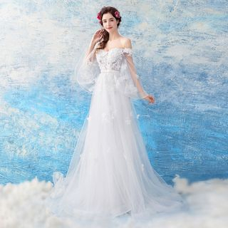 Caprice - Flower Embellished Bell-Sleeve A-Line Wedding Gown | YesStyle
