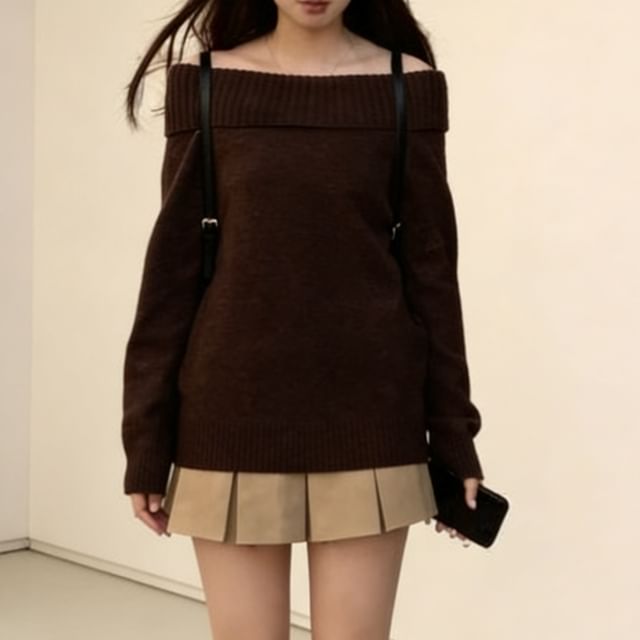 Rosesand-Langärmliger schulterfreier einfarbiger Pullover
