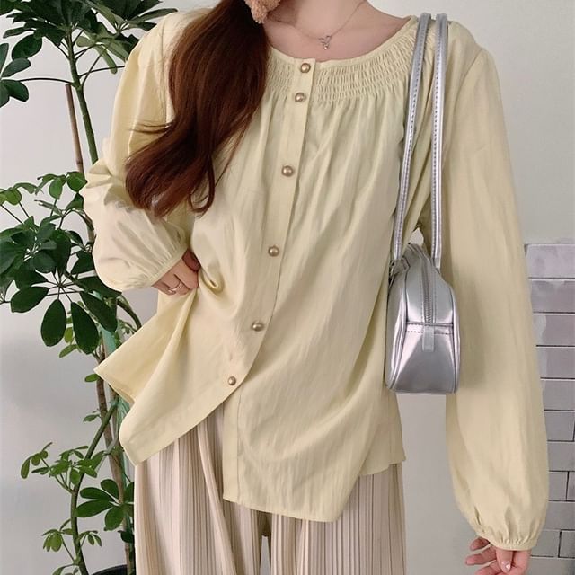 Sienne-Long-Sleeve Button-Up Plain Blouse