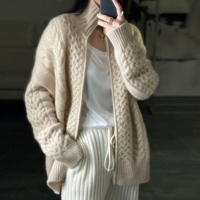 Omibayo-Stand Collar Plain Cable Knit Zip Cardigan