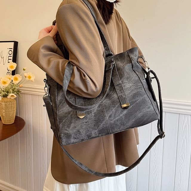Skyglow-Buckled Faux Leather Tote Bag