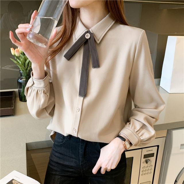 Gremora - Long-Sleeve Bow Accent Blouse | YesStyle