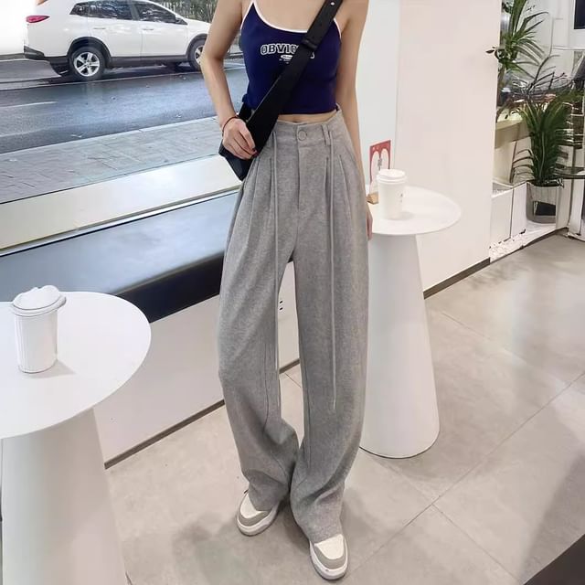 Dovitade-High Waist Plain Wide Leg Pants