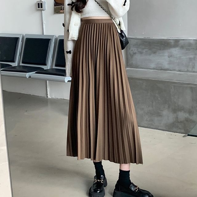 Sisyphi-High Waist Plain Midi A-Line Pleated Skirt