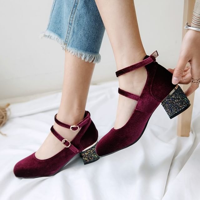 Freesia-Ankle Strap Velvet Block Heel Mary Jane Pumps