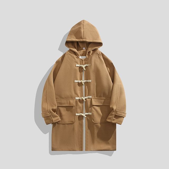 purplelouve-Hooded Toggle Plain Long Coat