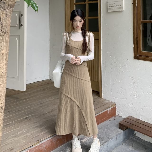 Mikiko - Long-Sleeve Round Neck Plain Slim Fit T-Shirt / Spaghetti Strap  Midi A-Line Dress | YesStyle