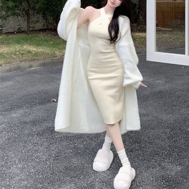 12th Tone Plain Fluffy Long Cardigan Halter Cross Strap Knit