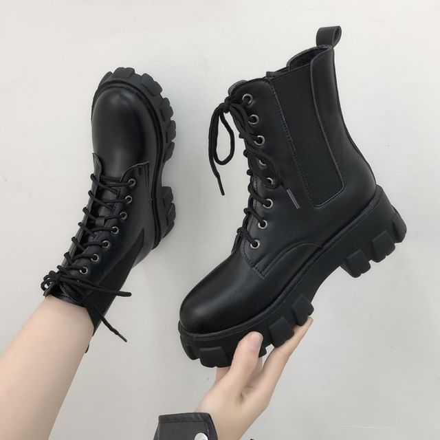 black knee high lace up platform boots