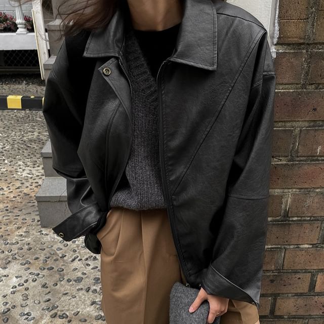Coris-Collared Plain Faux Leather Zip Jacket