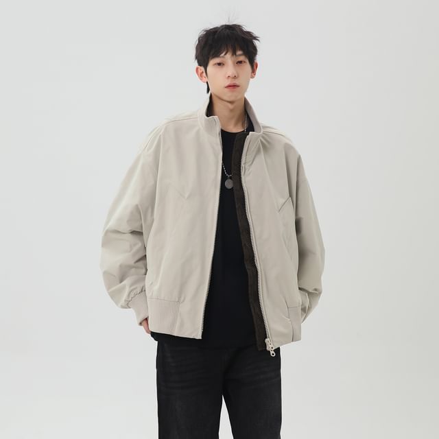 Koiyua-Stand Collar Zip-Up Plain Bomber Jacket