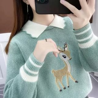 Surbane Collared Two Tone Deer Embroidered Sweater