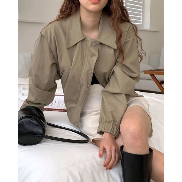 SeoulPop-Plain Lapel Zip-Up Jacket