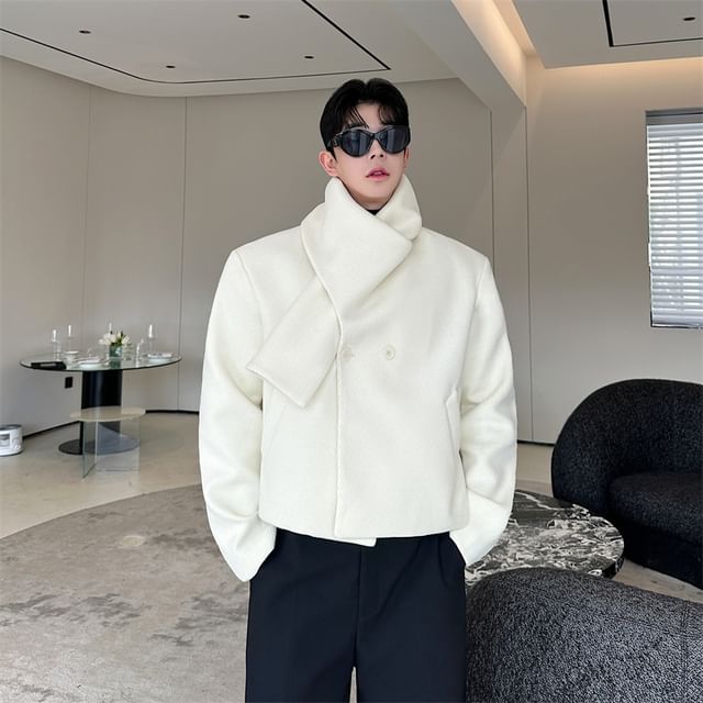ravewider-Stand Collar Plain Double-Breasted Jacket