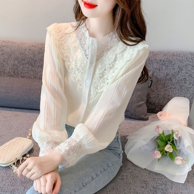 Dragan Pulse-Long-Sleeve Lace Panel Button Front Chiffon Blouse