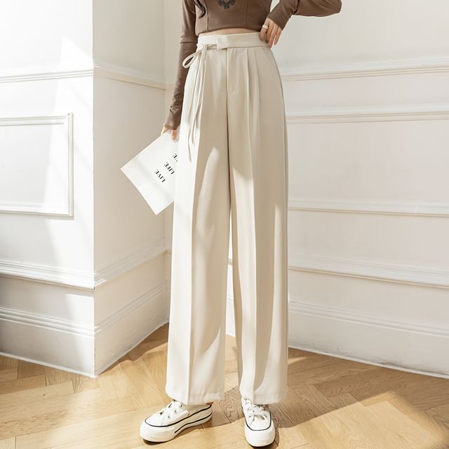 Odestra - High-Waist Plain Self-Tie Wide-Leg Suit Pants