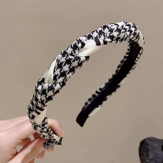 Baburu-Houndstooth Panel Braided Fabric Headband