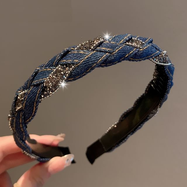 Baburu-Rhinestone Braided Denim Headband Set