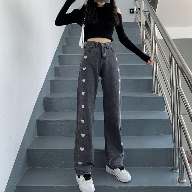 Heart Pattern Straight Leg Jeans 