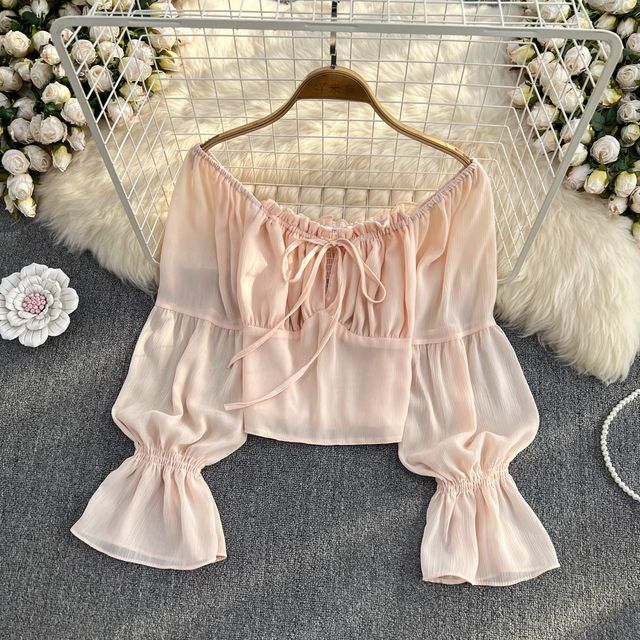 Beige off shoulder chiffon blouse new arrivals