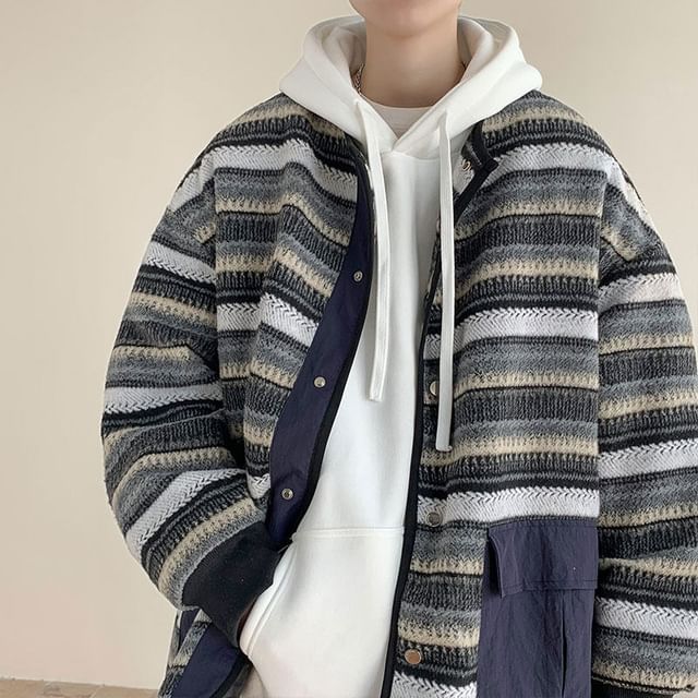 Orungeetun-Drop Shoulder Round Neck Striped Button Jacket