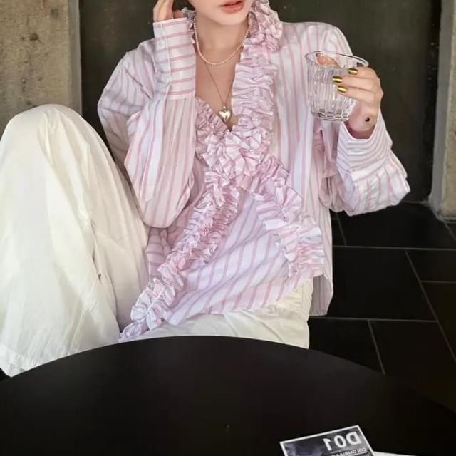 monroll-Long Sleeve V-Neck Striped Ruffle Blouse