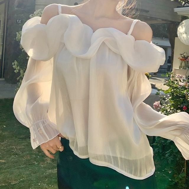 Yilda-Long Sleeve Cold Shoulder Plain Ruffle Blouse