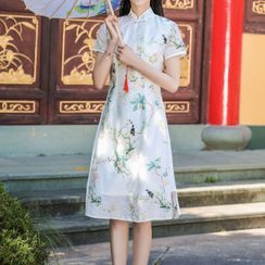 Hunya - Short-Sleeve Floral Midi A-Line Qipao