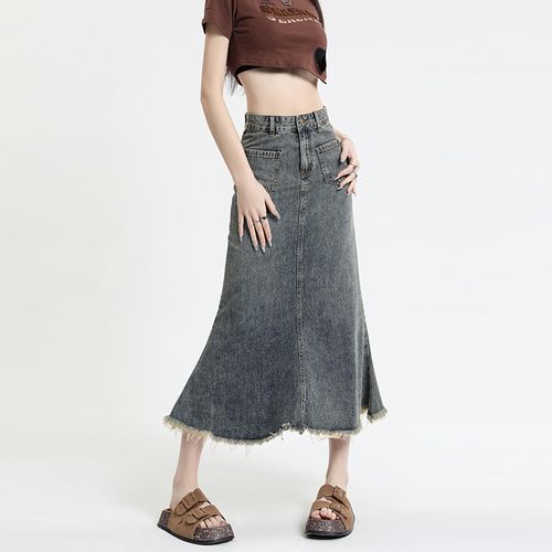 High Rise Washed Tassel Trim Midi A-Line Denim Skirt