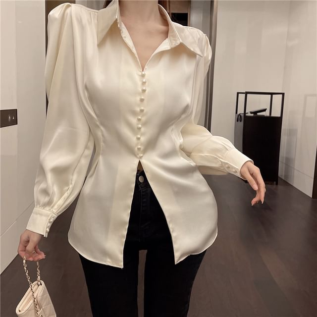 Odestra-Puff-Sleeve Plain Front-Slit Shirt