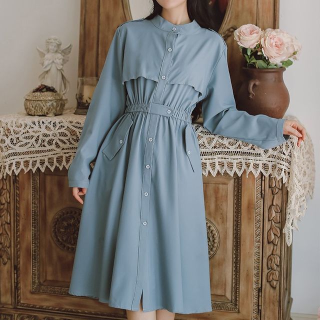 Sweetfern - Long-Sleeve Plain Midi A-Line Shirt Dress | YesStyle