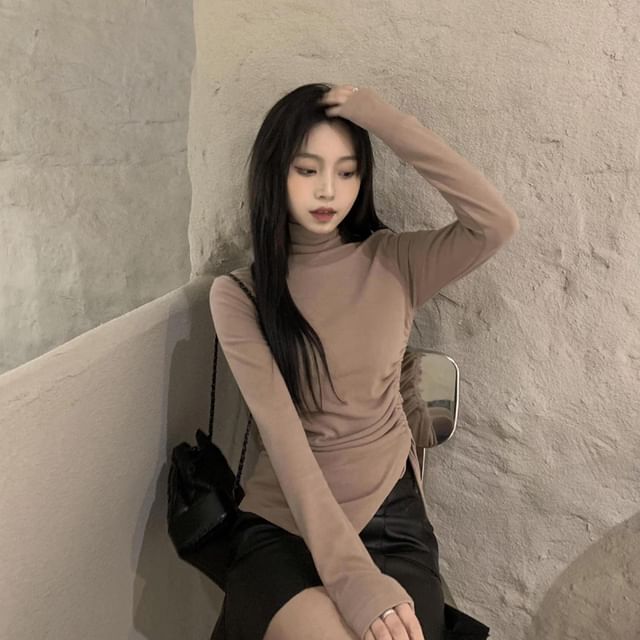 Everose-Long-Sleeve Turtleneck Plain Asymmetrical Drawstring Slit Slim Fit T-Shirt