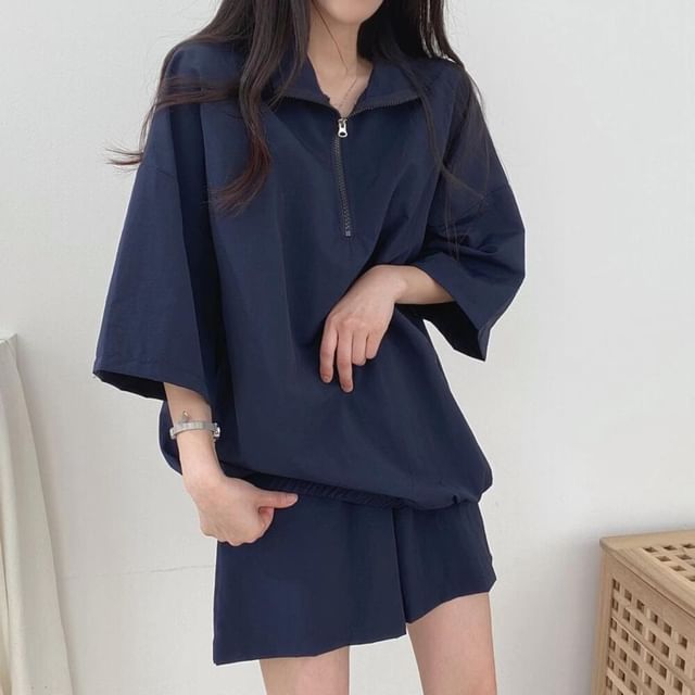 Bigfol-Set 34-Sleeve Stand Collar Half-Zip Plain Overhead Jacket Drawstring Waist Wide Leg Shorts